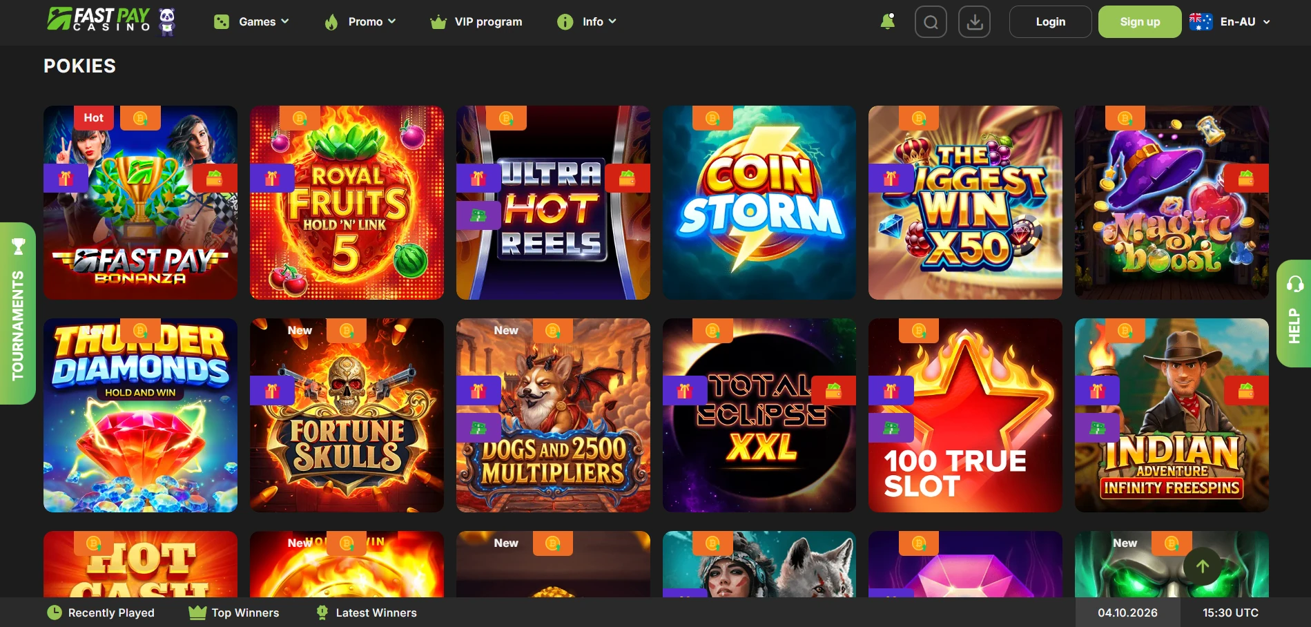 Fastpay game lobby with game icons